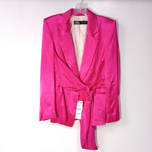 Zara Jackets & Blazers - Zara belted satin Blazer in fuchsia hot pink size M New with tags
